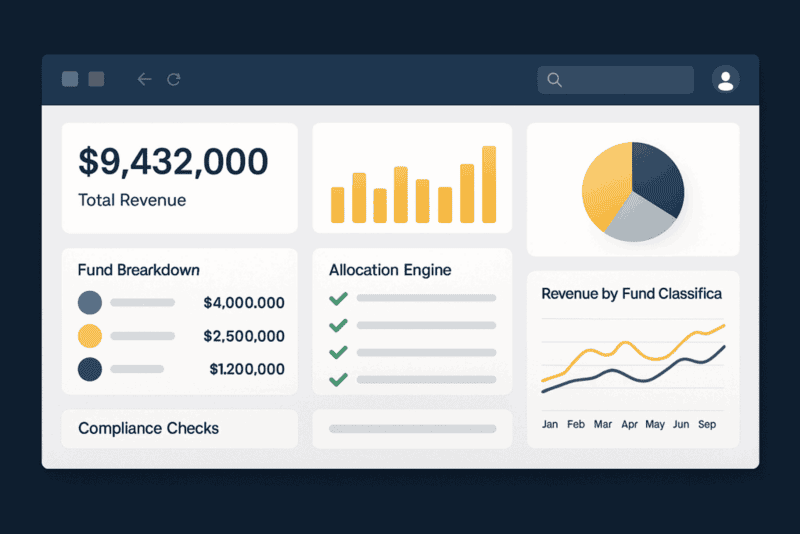 Analytics dashboard showing nonprofit revenue, fund breakdown, allocation engine status, and real-time financial charts.