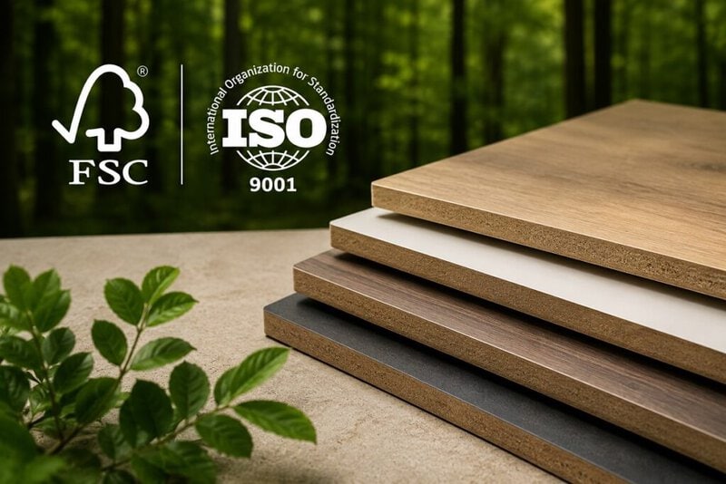 Painéis laminados decorativos com certificações FSC e ISO 9001 em ambiente sustentável e corporativo.