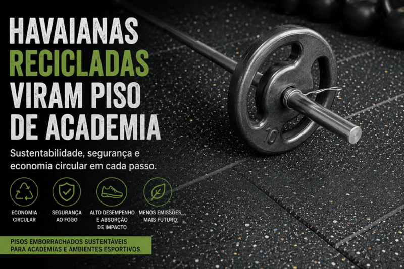 Barra de musculação sobre piso emborrachado sustentável produzido com resíduos reciclados das Havaianas em ambiente de academia.