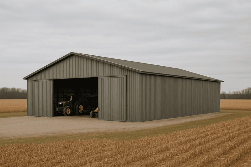 Large clear-span steel agricultural building on a Hamilton-area Ontario farm under blue sky
