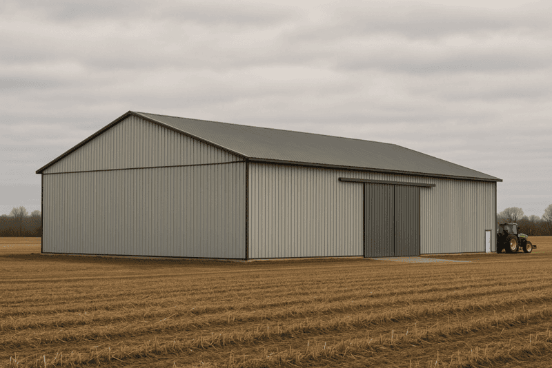 Large clear-span steel agricultural building on a flat Ontario farm field under blue sky