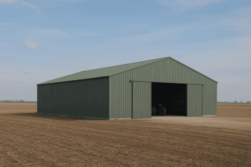 Wide clear-span steel agricultural building on an Essex County farm near Windsor Ontario