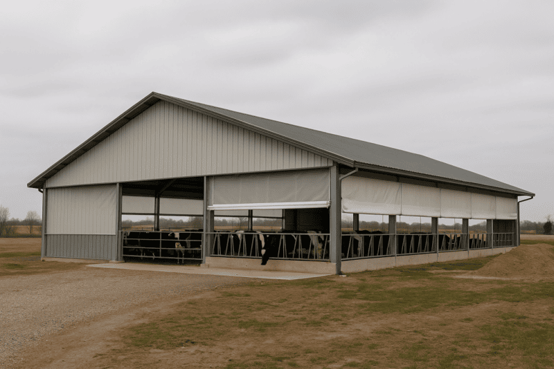 Completed steel livestock barn with open sidewall curtains on a Hamilton area farm