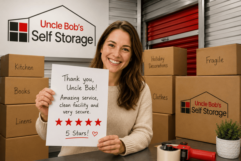 Happy customer holding a 5-star review for Uncle Bob's Self Storage while standing in front of stacked moving boxes inside a clean, secure storage facility.