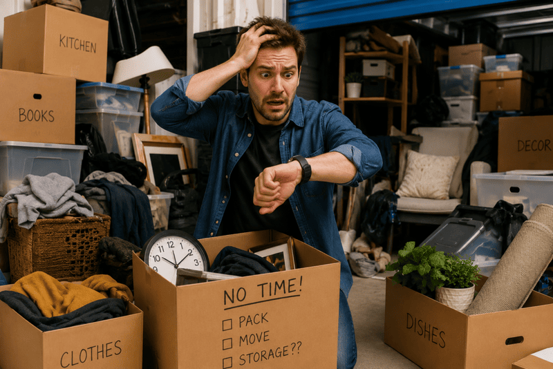 Stressed man checking his watch while surrounded by moving boxes and household clutter, searching for a last-minute storage solution before running out of time.