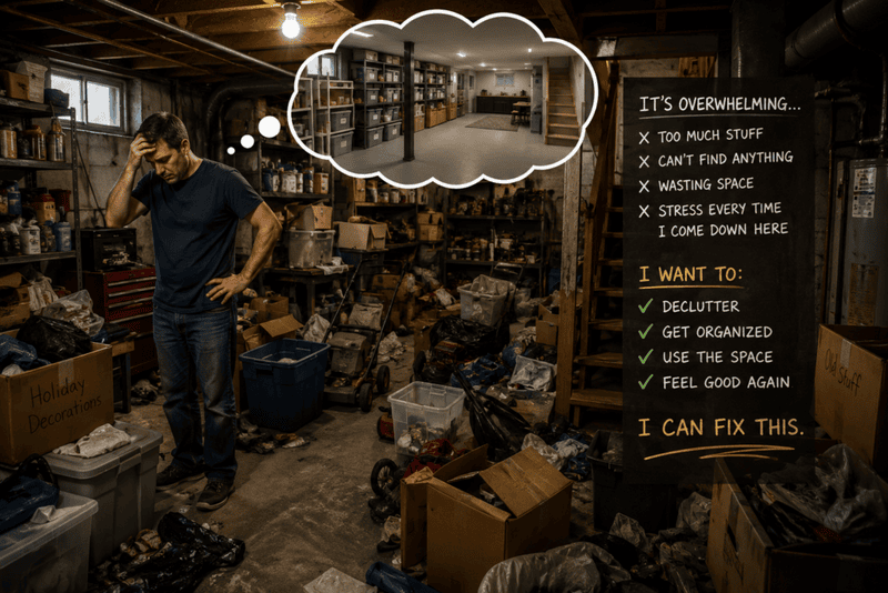 Cluttered basement with a stressed homeowner looking overwhelmed by storage clutter and planning to organize the space.
