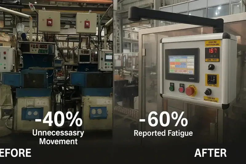 Before and after comparison of HMI mounting in an industrial plant, showing improved ergonomics and accessibility with swing arm support systems.