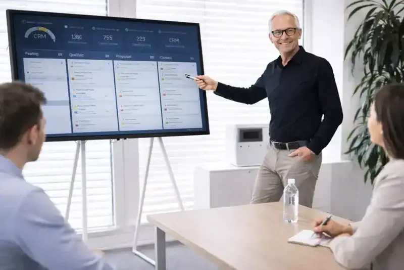Vertriebsberater erklärt ein CRM-Dashboard mit Verkaufschancen, Kontakten und Angebotsstatus in einem Unternehmen