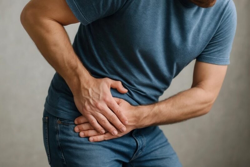 A man in a blue t-shirt and jeans holds his lower abdomen with both hands, appearing to experience pain or discomfort.