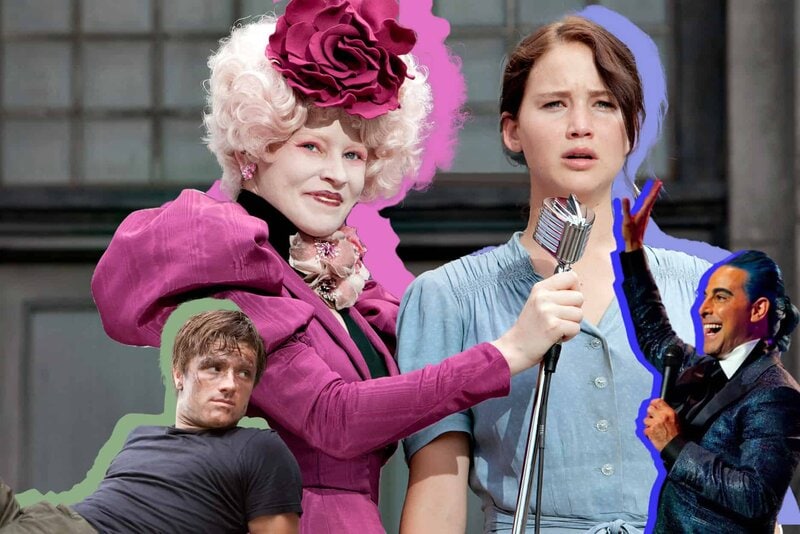 Effie Trinket holds a microphone in front of Katniss Everdeen, with Peeta Mellark and Caesar Flickerman overlaid on top