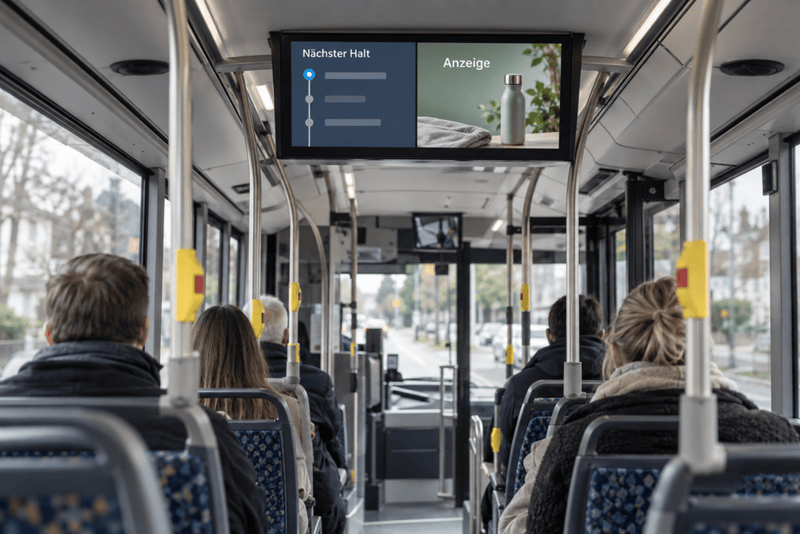 Fahrgäste in einem Linienbus mit digitalem Bildschirm für Haltestelleninformationen und Werbung.