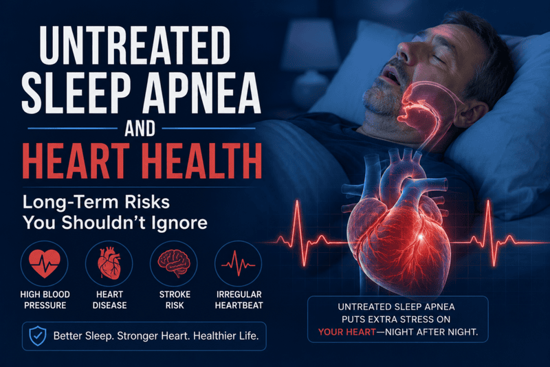 Man sleeping with highlighted airway and glowing heart illustration representing untreated sleep apnea and its long-term impact on heart health, including high blood pressure, stroke risk, and irregular heartbeat.
