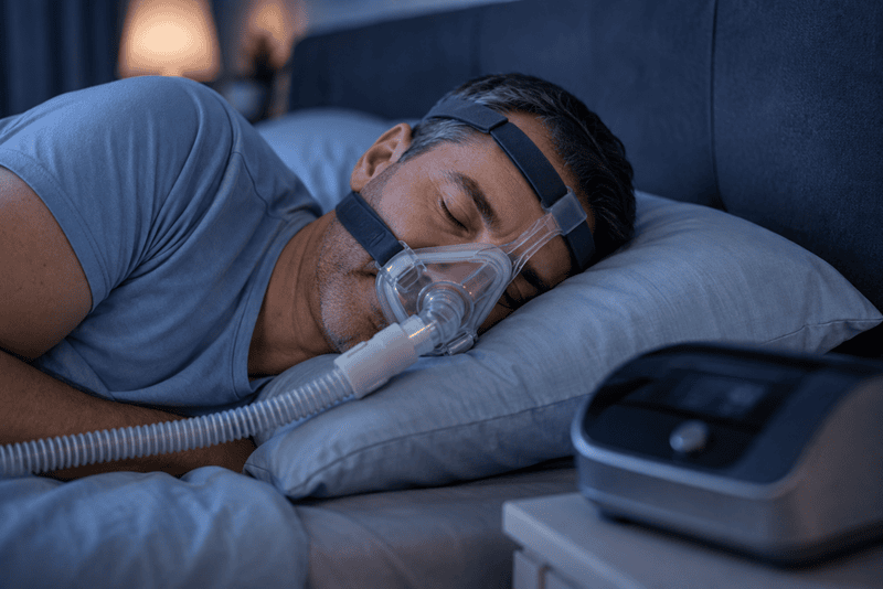 Man sleeping on his side while wearing a CPAP mask connected to a CPAP machine.