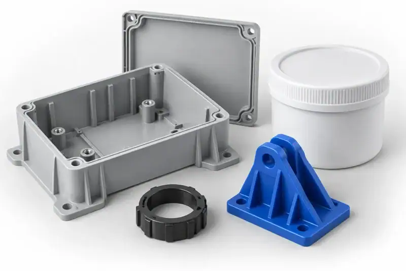 Product concept of molded enclosure components, a blue bracket, polymer ring and plastic tub.