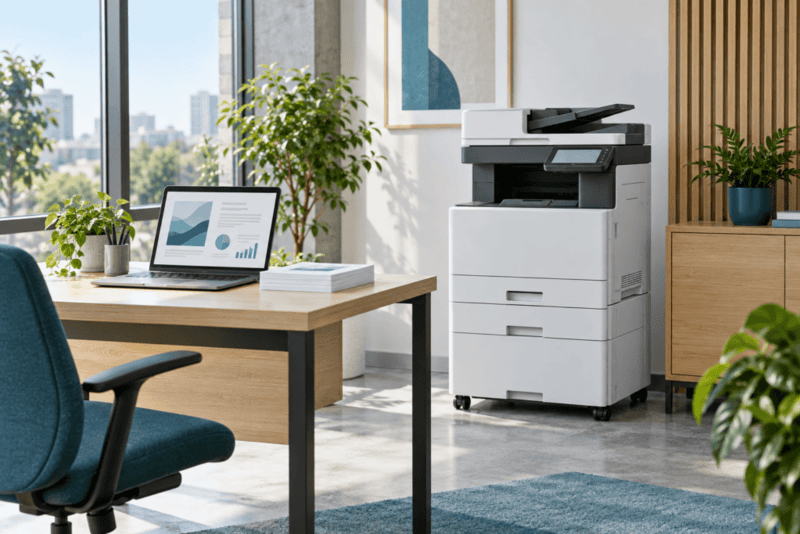 Multifunzione e computer in un ufficio moderno per la stampa sostenibile.