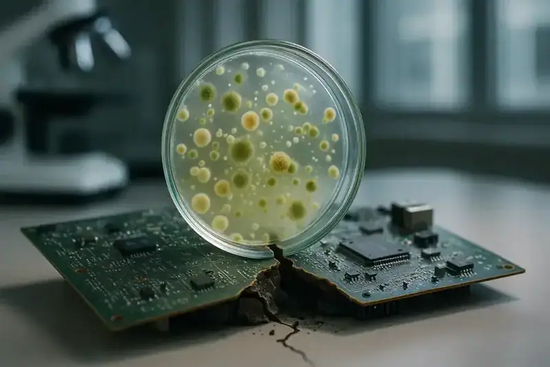 Moldy electronic circuit board with bacterial growth, health hazard warning.