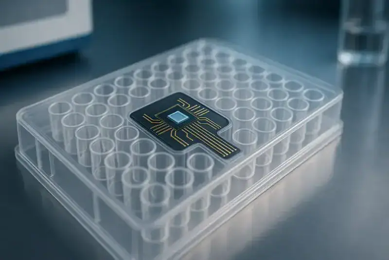 ZenCELL owl microchip in transparent testing container for biotech applications.