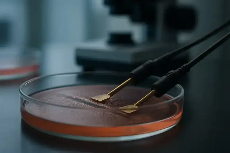 A scientific laboratory setting with a petri dish and electrophysiology electrodes.