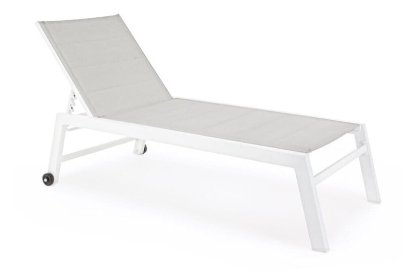 Sdraio da giardino bianca in legno con rotelle, stile elegante e resistente perfetto per ombra e relax benessere.