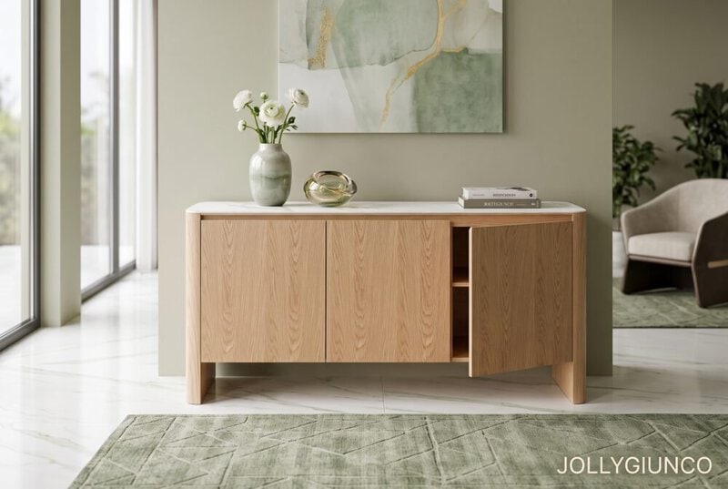 Wooden sideboard with a white marble top in a bright living room; right door open to reveal shelves, vase with white flowers on top.