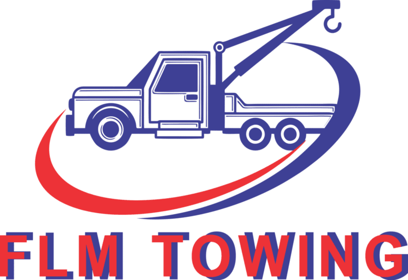 towing edmonton Logo showing a tow truck with a raised crane hook, surrounded by a red and blue swoosh. Below the image, FLM TOWING is written in bold, red and blue capital letters. towing edmonton
