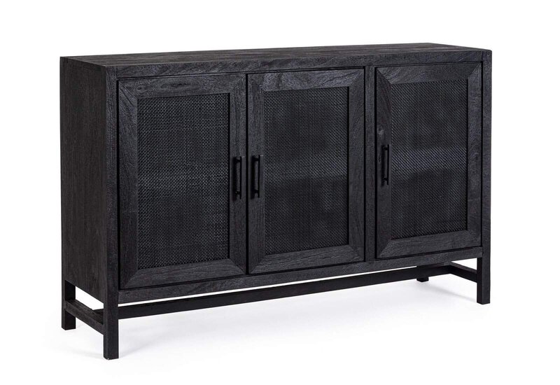 Buffet in legno scuro con ante in metallo, mobile design moderno e funzionale.