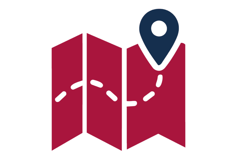 Stilisierte Grafik einer roten, gefalteten Karte mit einer dargestellten Route.