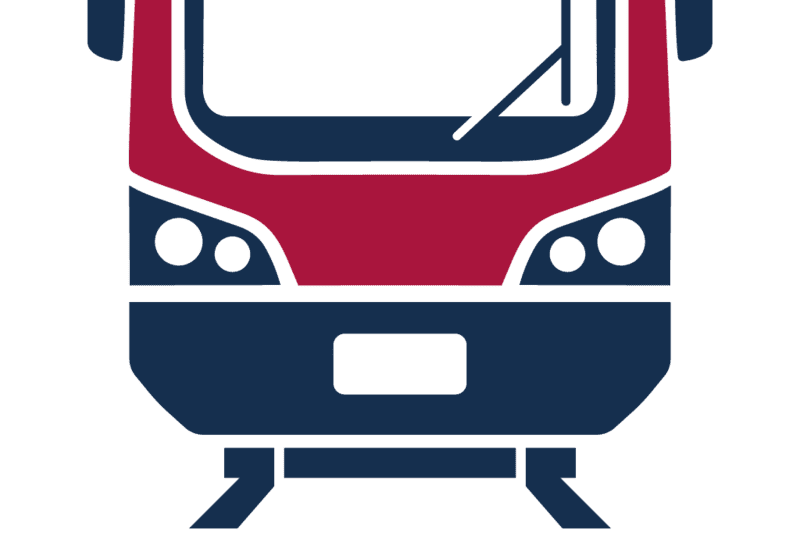 Stilisierte Grafik der Frontansicht eines rot-blauen Zuges.