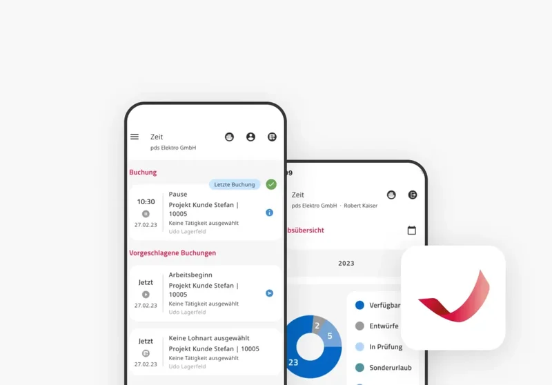 Eine mobile App zur Zeiterfassung zeigt eine Übersicht über Buchungen. Die App zeigt eine aktuelle Buchung für das Projekt 'Kunde Stefan', eine vorgeschlagene Buchung zum Arbeitsbeginn, und eine Pause um 10:30 Uhr. Ein Diagramm zeigt verfügbare, in Prüfung und Sonderurlaub-Zeitpunkte. Das Logo der App ist unten rechts im Bild sichtbar.