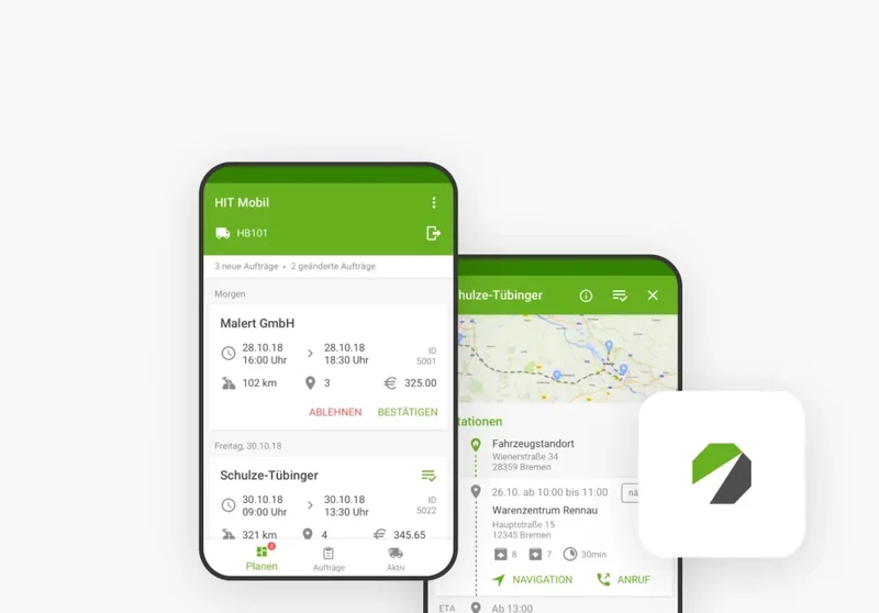 Zwei Bildschirme einer Smartphone-App von Hansetrans. Der linke Bildschirm zeigt eine Liste von Aufträgen, unter anderem für die 'Malert GmbH' und 'Schulze-Tübinger', mit Details zu Datum, Zeit, Entfernung und Kosten. Es gibt Schaltflächen zum 'Ablehnen' oder 'Bestätigen' der Aufträge. Der rechte Bildschirm zeigt eine Karte mit verschiedenen Stationen und Standortdetails, sowie Navigation und Anrufoptionen.