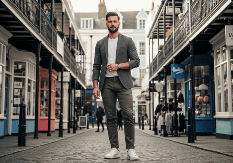 A confident, fashionably dressed man stands in front of Brighton’s urban cityscape, wearing a tailored blazer and trousers. The setting is modern, vibrant, and sophisticated, reflecting the work of a personal stylist for men in Brighton & Hove.