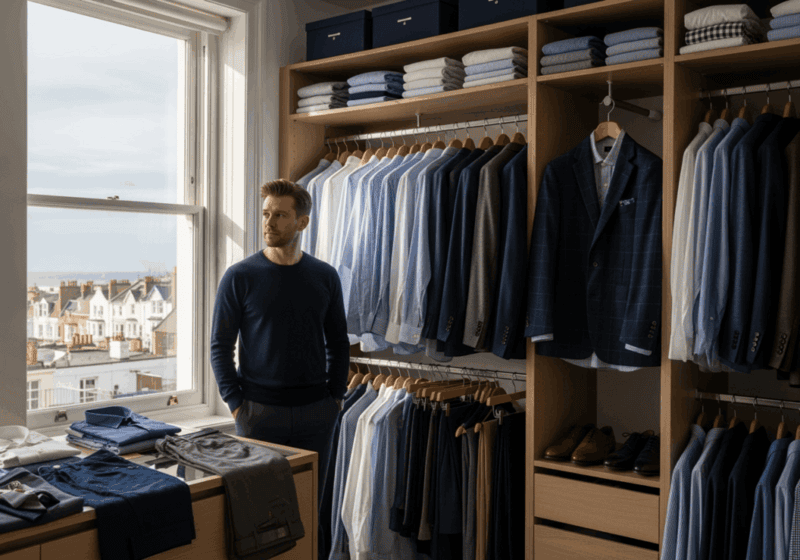 A confident man stands in a stylish, well-organised men’s wardrobe in a Brighton home. He is selecting an outfit, surrounded by neatly arranged shirts, blazers, and trousers. Natural light streams through a window with urban Brighton visible outside, creating a discreet and welcoming atmosphere.