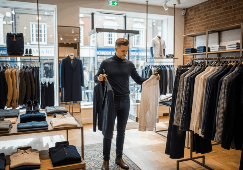 A stylish man browses blazers and shirts in a modern, well-lit menswear shop in Brighton. Clothes racks feature a mix of classic and trendy men’s fashion. The scene feels discreet, personalised, and urban, with city views visible through shop windows.