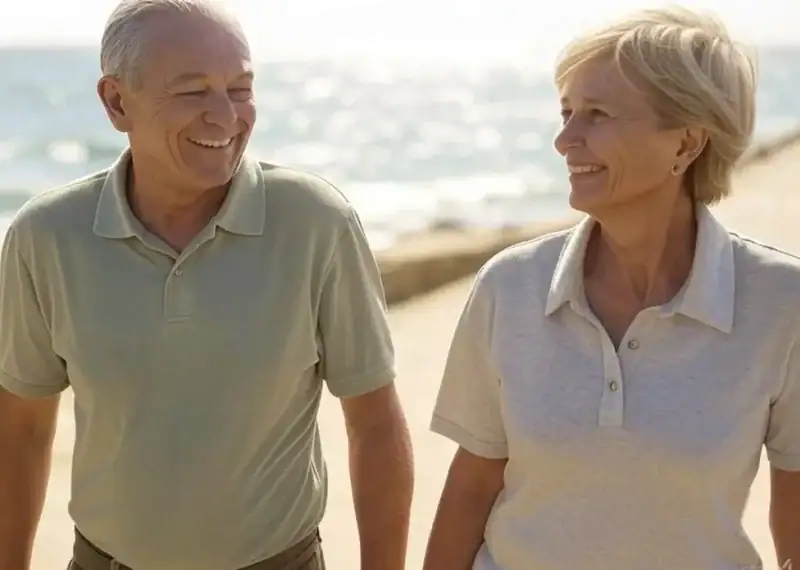 Pareja de personas mayores sonriendo después de tener mejoras en su jubilación