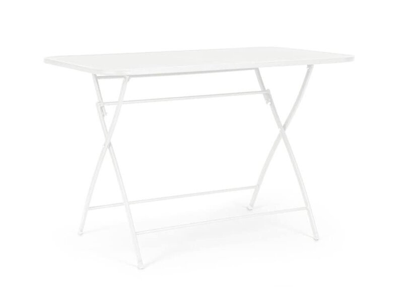 Tavolo pieghevole bianco ideale per esterni e picnic, resistente e pratico da trasportare.