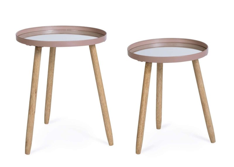 Tavolini decorativi con base in legno e piano rosa pastello, ideali per arredare con stile moderno e raffinato.