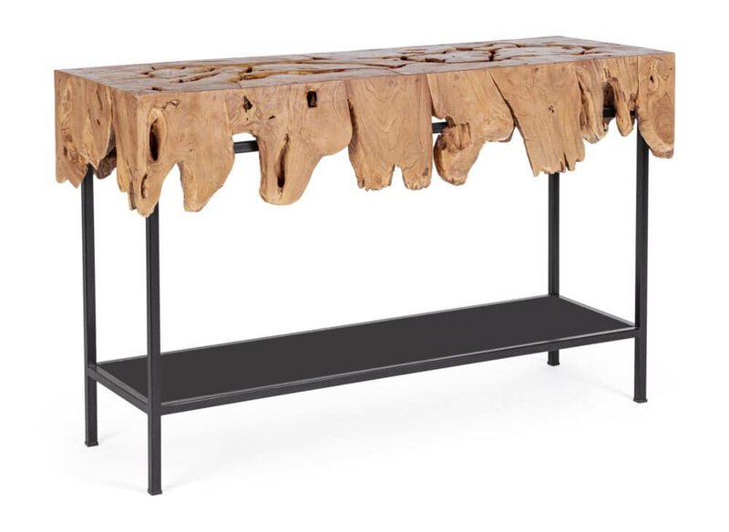 Tavolo in legno naturale con base in metallo nero, perfetto per arredi di stile industriale o contemporaneo.