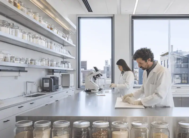 Zwei Wissenschaftler in weißen Laborkitteln arbeiten in einem modernen Labor mit Proben und Mikroskop – Forschung und Entwicklung im Bereich Materiallabor.