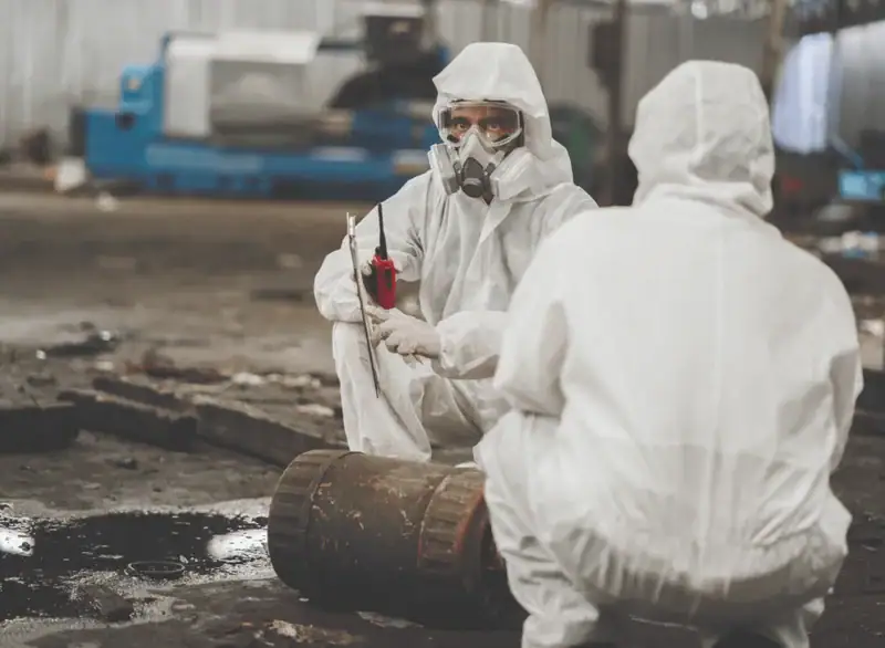 Zwei Arbeiter in Schutzanzügen und Atemmasken inspizieren eine Industrieanlage – Sicherheitsmaßnahme bei möglicher Gefahrstoffbelastung.
