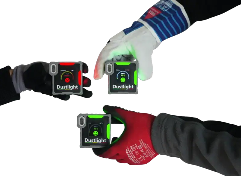 Drei Feinstaubmessgeräte von Dustlight, die von Arbeitern in Schutzhandschuhen gehalten werden und grüne und rote Sicherheitsstufen für die Staubbelastung anzeigen.