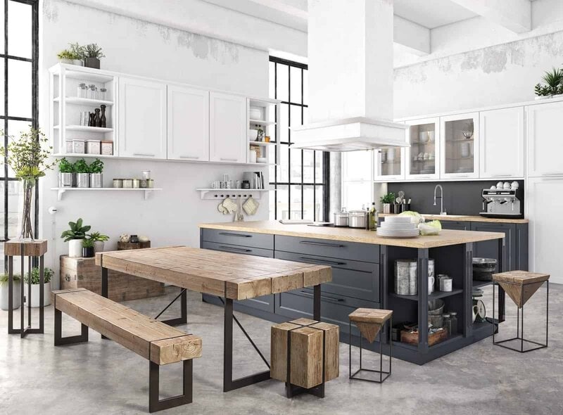 Elegante cucina open space con angolo di cottura in stile contemporaneo e ampie finestre luminosissime.