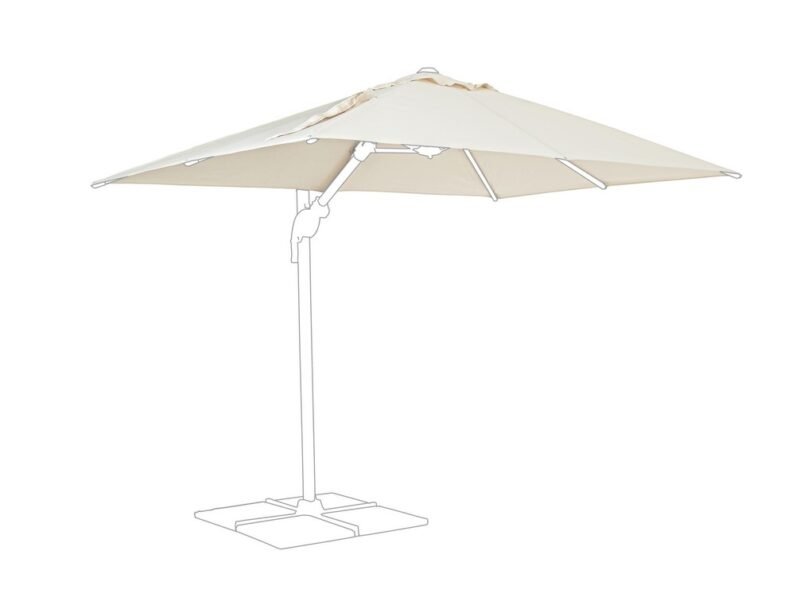 Beige patio umbrella opened for shade over a square base pedestal.