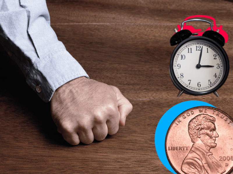 A hand knocking on wood with a clock and a penny overlaid on top