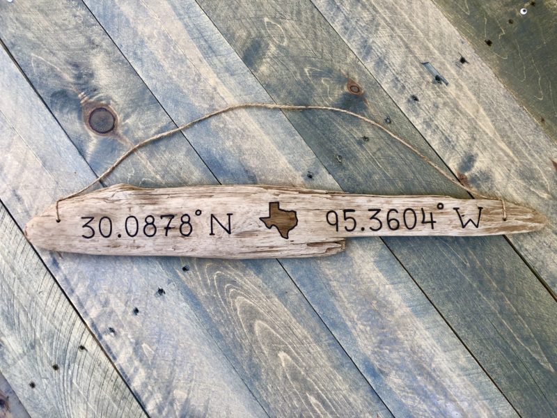 Texas driftwood sign with personalized coordinates