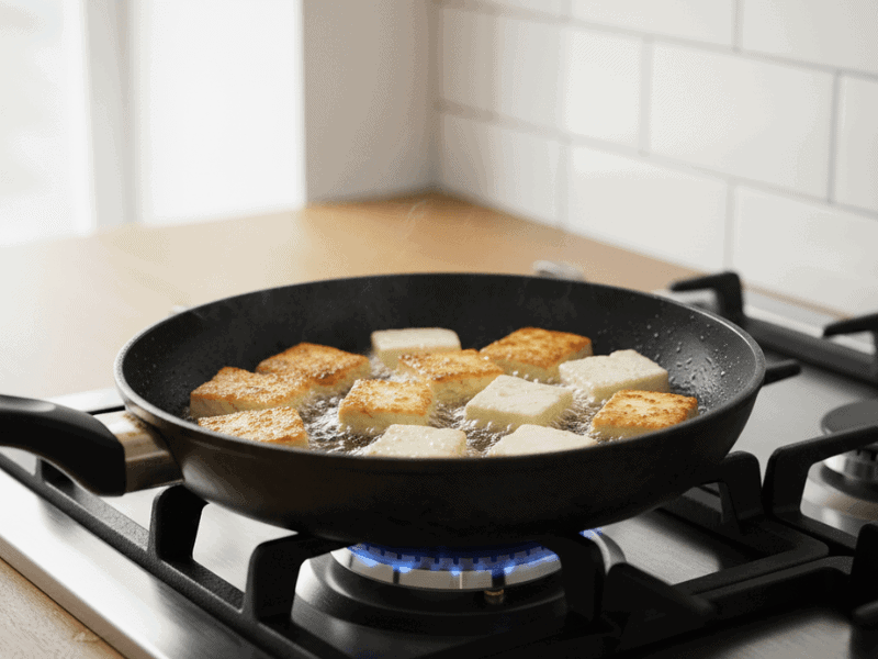 Frying golden paneer cubes for Paneer Fried Rice in a non-stick skillet.