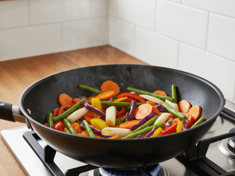 Stir-frying vibrant vegetables for Paneer Fried Rice in a wok on a gas stove.