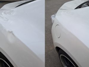 before and after of a car being repaired by getting dent out of car