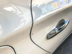 Close-up of several small dings and paint chips on the side of a white car door, near the handle.