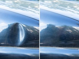 Before and after mobile dent repair, minor dent removed from car panel.