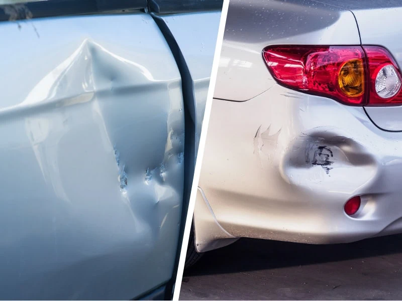 Before and after results of dent repair in car panels with visible body damage